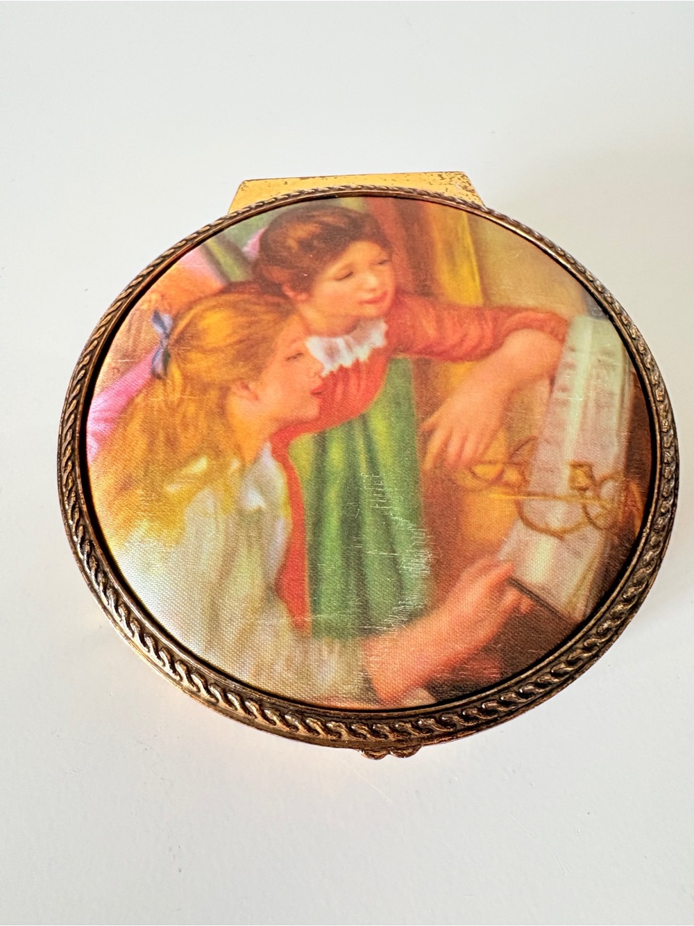 Vintage Trinket Box Renoir's "Young Girls at the Piano" Gold Toned Velvet Lining